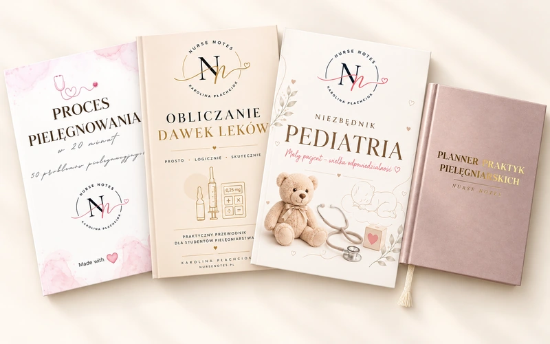 Materiały NurseNotes: Proces pielęgnowania, Obliczanie dawek leków, Niezbędnik Pediatria i papierowy Planner
